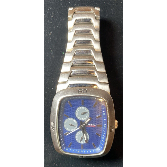 Men's Casual Stainless Steel Fossil Blue Rectangle Day Week, Month Watch Ch2434 - Picture 5 of 16